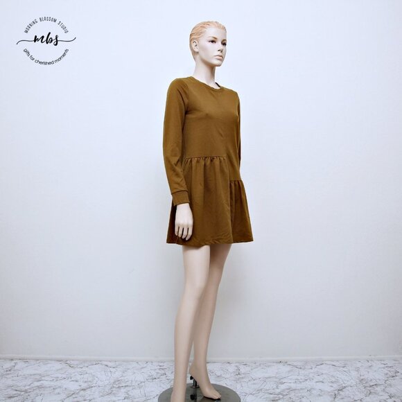 English Factory Long Sleeve Crew Neck Asymmetrical Ruffle Hem Mini Dress - Picture 3 of 11